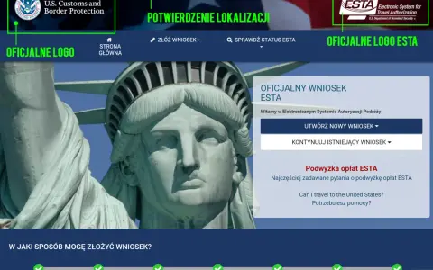Oficjalna strona ESTA, gdzie można złożyć wniosek o wizę turystyczną USA.