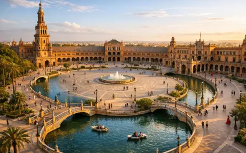 Zachód słońca nad Plaza de España w Sewilli. Ludzie pływają łódkami po kanale, podziwiając architekturę tego pięknego miasta.