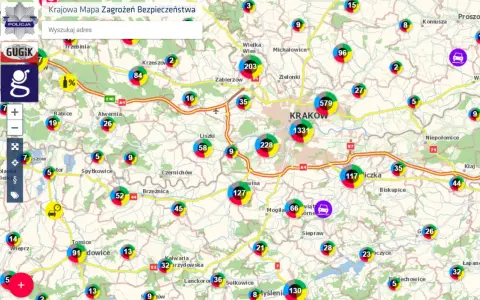 Mapa zagrożeń bezpieczeństwa pokazuje, czy Polska jest bezpieczna. Widoczne są punkty z liczbami, wskazujące na różne zdarzenia.