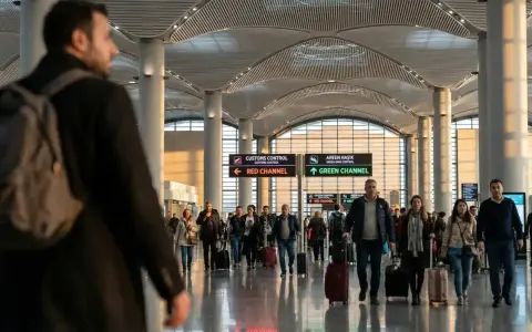 Ludzie z walizkami w nowoczesnym terminalu lotniska. Zastanawiasz się, co można przywieźć z Turcji samolotem?