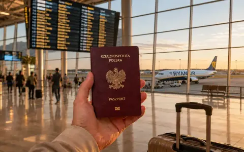 Polska walizka i paszport czekają na lotnisku na podróż. Samolot Ryanair gotowy do startu.