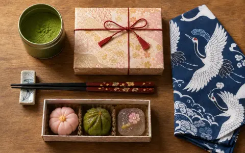 Trzy urocze japońskie słodycze wagashi, puszka matchy i ozdobne pałeczki. Idealne, by pokazać, co przywieźć z Japonii.