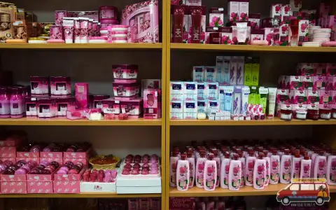Półki uginają się od różanych kosmetyków, idealnych na to, co kupić w Bułgarii. Kremy, balsamy, mydła i perfumy w różowych opakowaniach.