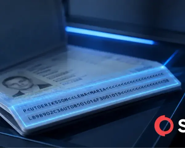 Otwarty paszport z danymi osobowymi i numerem paszportu skanowany przez urządzenie z niebieskim podświetleniem.