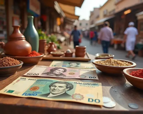 Na stole leżą banknoty, które mogą być tunezyjską walutą, obok miseczek z przyprawami i ziarnami.