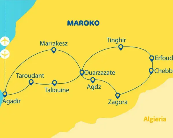 Mapa Maroko z trasą turystyczną: Agadir, Taroudant, Taliouine, Ouarzazate, Agdz, Zagora, Erfoud, Chebbi, Tinghir, Marrakesz. Dwa samoloty symbolizują lotniska.