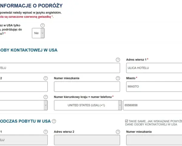 Formularz podróżny do USA. Wpisz dane kontaktowe, adres pobytu i informacje o podróży, aby uzyskać paszport USA.