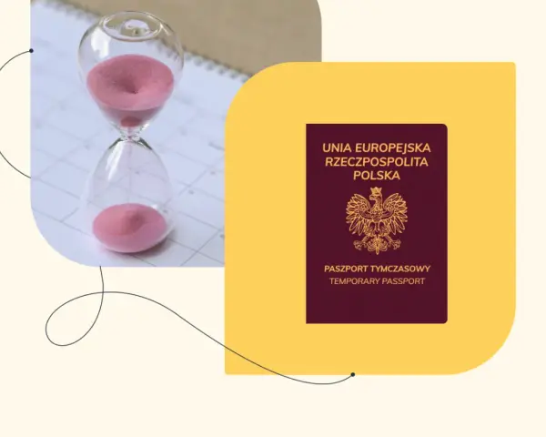 Koniec czasu na lotnisku? Paszport tymczasowy i klepsydra symbolizują pilną podróż.