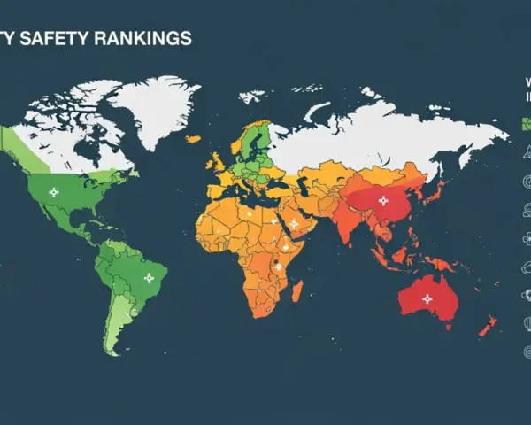 Mapa świata z kolorami wskazującymi poziom bezpieczeństwa. Czerwone obszary oznaczają najniebezpieczniejsze kraje świata.