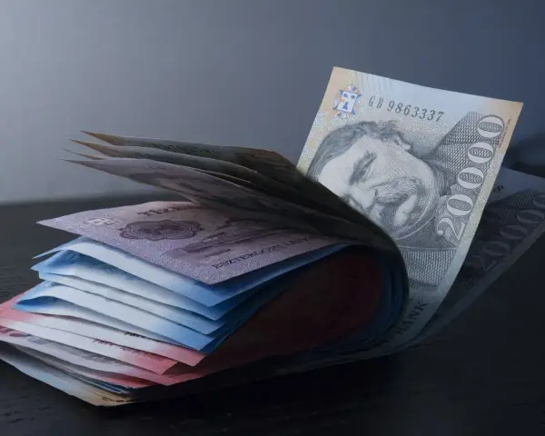Stos banknotów, w tym 20 000 forintów, pokazuje, jaka waluta na Węgrzech jest w obiegu.