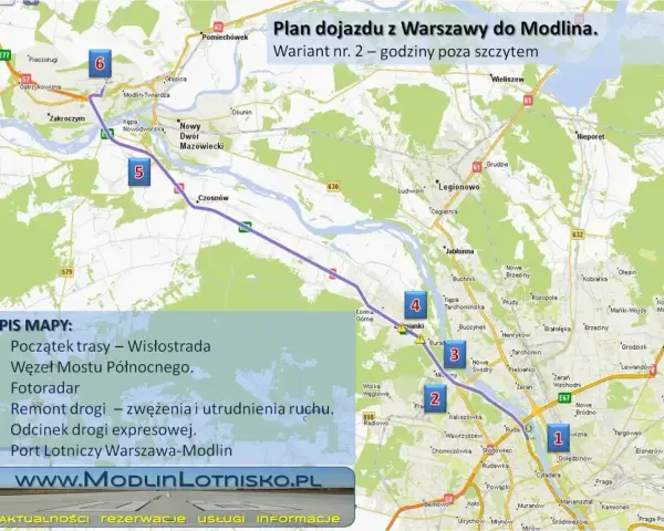 Mapa pokazuje trasę z Warszawy do lotniska Modlin, z zaznaczonymi punktami: Wisłostrada, Węzeł Mostu Północnego, fotoradar, remont drogi, odcinek drogi ekspresowej i cel podróży – lotniska w Warszawie.