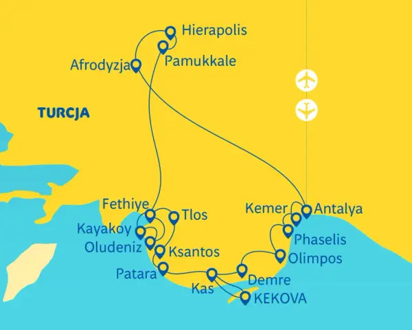 Mapa szlaku turystycznego po Turcji, obejmująca wybrzeże likijskie z atrakcjami jak Pamukkale, Fethiye, Kas i Kekova.