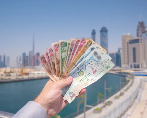 Dłoń trzymająca wachlarz banknotów dirhamów ZEA na tle panoramy Dubaju.