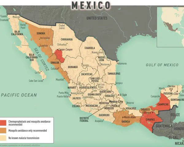 Mapa Meksyku z zaznaczonymi obszarami, gdzie zalecane są meksyk szczepienia i unikanie komarów.