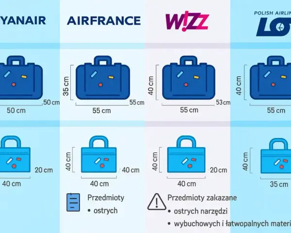 Porównanie wymiarów bagażu podręcznego różnych linii lotniczych: Ryanair, Air France, Wizz Air, LOT. Sprawdź, ile może ważyć bagaż podręczny.