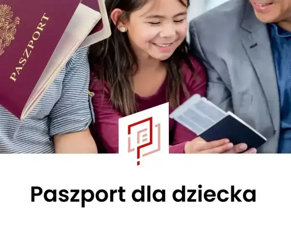 Rodzina przygotowuje wniosek o paszport dla dziecka. Widoczne paszporty i uśmiechnięta dziewczynka.