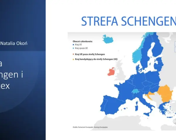 Mapa Europy z zaznaczonymi krajami należącymi do strefy Schengen. Kolory wskazują kraje UE, spoza UE, poza strefą Schengen i kandydujące.