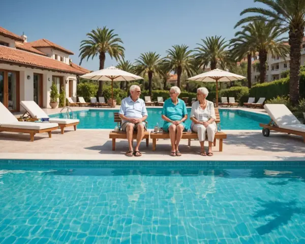 Trzech seniorów cieszy się słońcem przy basenie. Idealne turcja wakacje all inclusive.