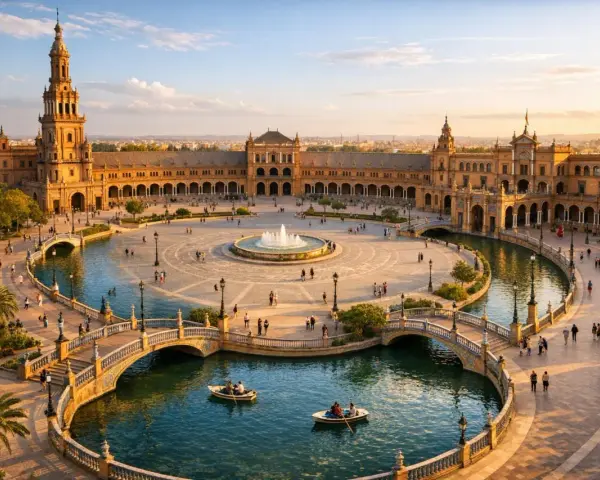 Zachód słońca nad Plaza de España w Sewilli. Ludzie pływają łódkami po kanale, podziwiając architekturę tego pięknego miasta.