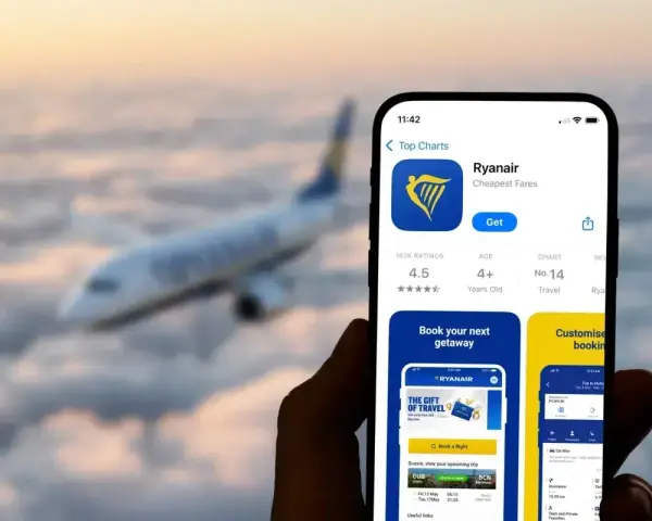 Ręka trzyma smartfon z aplikacją Ryanair, gotową do odprawy online. W tle leci samolot.