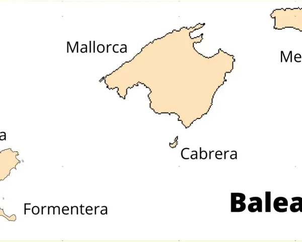 Mapa Balearów z zaznaczonymi wyspami: Majorka, Minorka, Ibiza, Formentera i Cabrera.