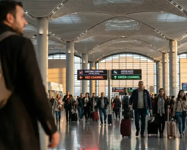Ludzie z walizkami w nowoczesnym terminalu lotniska. Zastanawiasz się, co można przywieźć z Turcji samolotem?