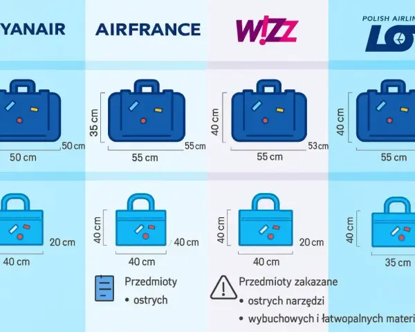 Porównanie wymiarów bagażu podręcznego dla Ryanair, Air France, Wizz Air i LOT. Sprawdź, co możesz zabrać na pokład.