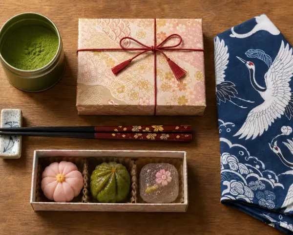 Trzy urocze japońskie słodycze wagashi, puszka matchy i ozdobne pałeczki. Idealne, by pokazać, co przywieźć z Japonii.