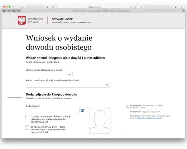 Wniosek o wydanie dowodu osobistego online. Formularz pozwala wybrać powód ubiegania się o dowód i urząd odbioru, a także dodać zdjęcie.