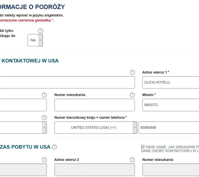 Formularz podróżny do USA. Wpisz dane kontaktowe, adres pobytu i informacje o podróży, aby uzyskać paszport USA.