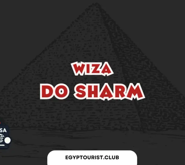 Urocza postać w stroju faraona trzyma paszport z napisem "VISA". W tle piramida i palmy. Hasło: "Wiza do Sharm".