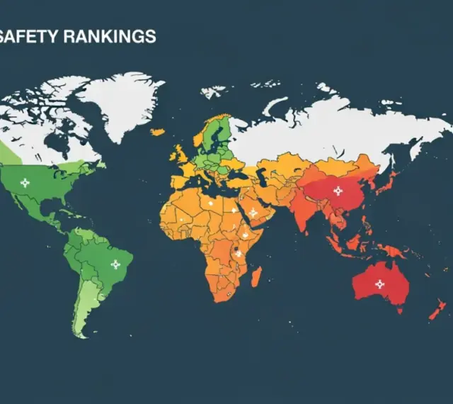 Mapa świata z kolorami wskazującymi poziom bezpieczeństwa. Czerwone obszary oznaczają najniebezpieczniejsze kraje świata.