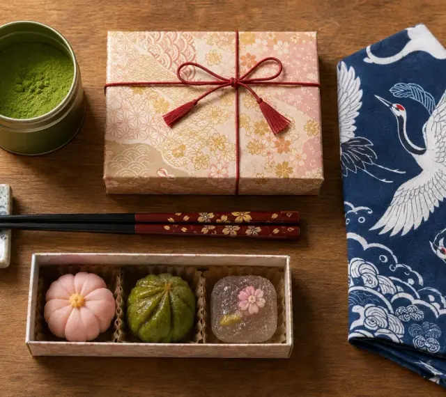 Trzy urocze japońskie słodycze wagashi, puszka matchy i ozdobne pałeczki. Idealne, by pokazać, co przywieźć z Japonii.