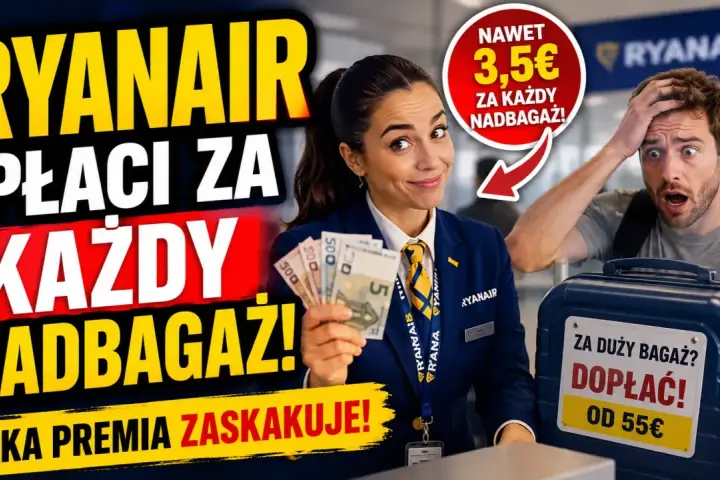 Pracownica Ryanair pokazuje pieniądze, sugerując, ile kosztuje nadbagaż w Ryanair. Klient jest zaskoczony.