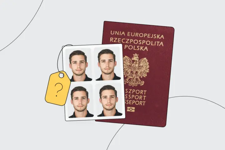 Polski paszport, cztery zdjęcia paszportowe i żółta metka z pytajnikiem.