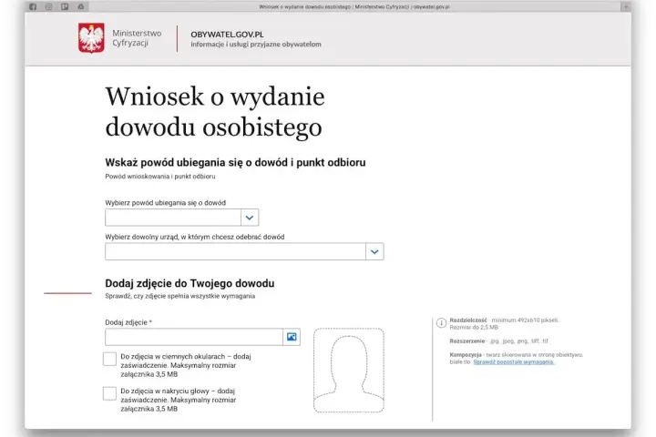 Wniosek o wydanie dowodu osobistego online. Formularz pozwala wybrać powód ubiegania się o dowód i urząd odbioru, a także dodać zdjęcie.