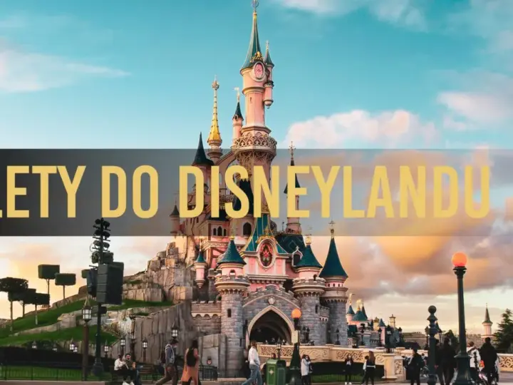 Zamek w Disneylandzie, ludzie spacerują, a nad nimi napis "Bilety do Disneylandu". Dowiedz się, ile kosztuje bilet do Disneylandu.