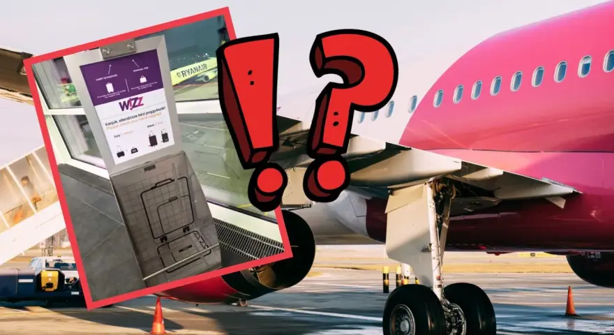 Tablica Wizz Air przypomina o wymiarach bagażu podręcznego. Upewnij się, że Twój wizzair bagaż podręczny zmieści się w ramce!