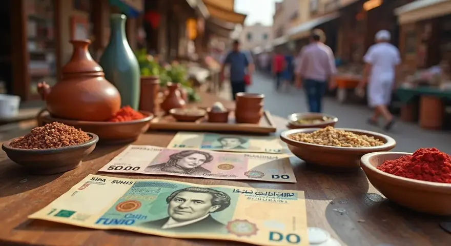 Na stole leżą banknoty, które mogą być tunezyjską walutą, obok miseczek z przyprawami i ziarnami.