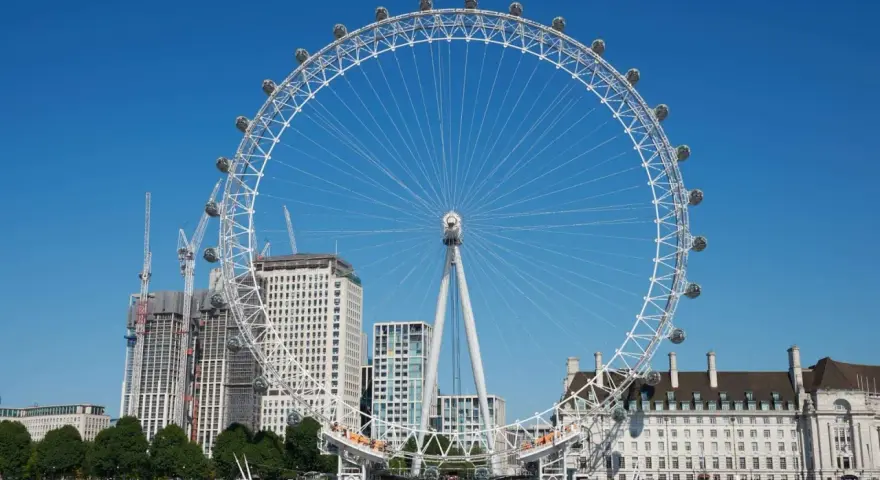 Widok na London Eye z kapsułami i budynkami w tle. Sprawdź aktualną london eye cena, by zaplanować wizytę.