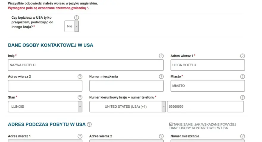 Formularz podróżny do USA. Wpisz dane kontaktowe, adres pobytu i informacje o podróży, aby uzyskać paszport USA.