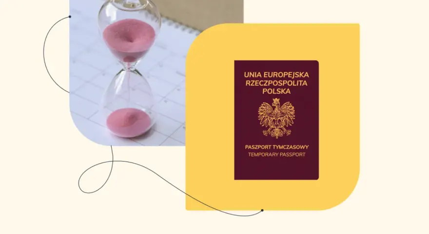 Koniec czasu na lotnisku? Paszport tymczasowy i klepsydra symbolizują pilną podróż.