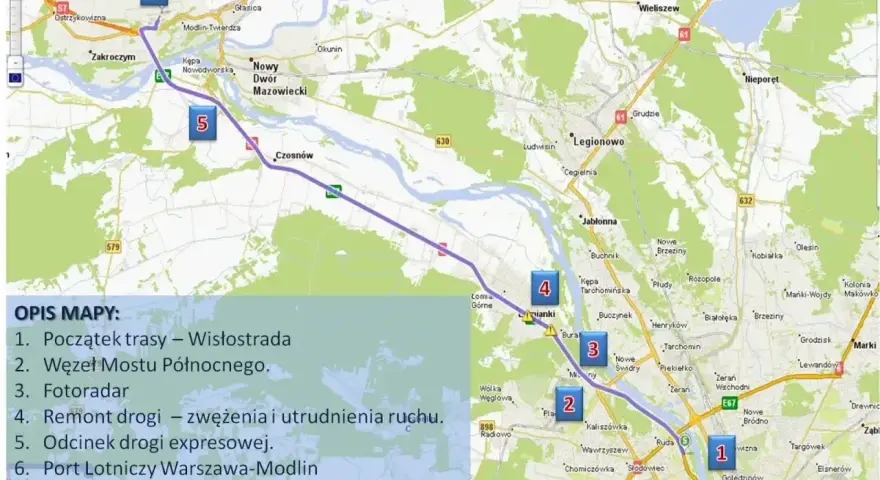 Mapa pokazuje trasę z Warszawy do lotniska Modlin, z zaznaczonymi punktami: Wisłostrada, Węzeł Mostu Północnego, fotoradar, remont drogi, odcinek drogi ekspresowej i cel podróży – lotniska w Warszawie.