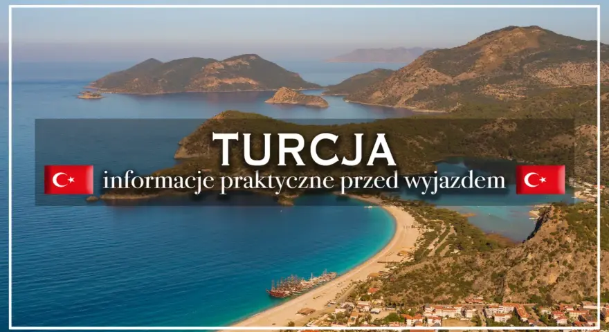 Piękna plaża w Turcji, z tekstem "informacje praktyczne przed wyjazdem". Czy w Turcji jest bezpiecznie? Sprawdź praktyczne porady.