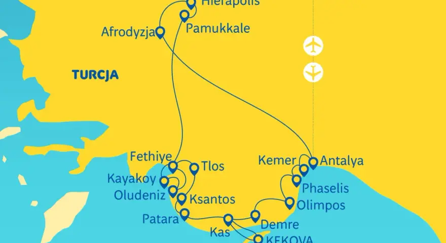 Mapa szlaku turystycznego po Turcji, obejmująca wybrzeże likijskie z atrakcjami jak Pamukkale, Fethiye, Kas i Kekova.