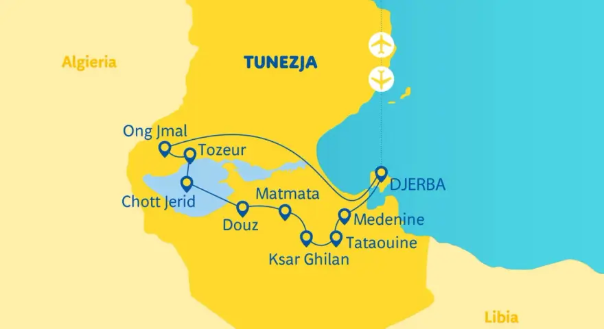 Mapa Tunezji z zaznaczonymi trasami podróży: Tozeur, Djerba, Matmata, Douz, Tataouine. Idealne miejsce na tunezyjskie wakacje!
