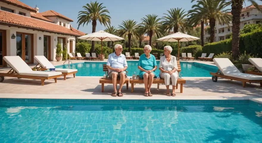 Trzech seniorów cieszy się słońcem przy basenie. Idealne turcja wakacje all inclusive.