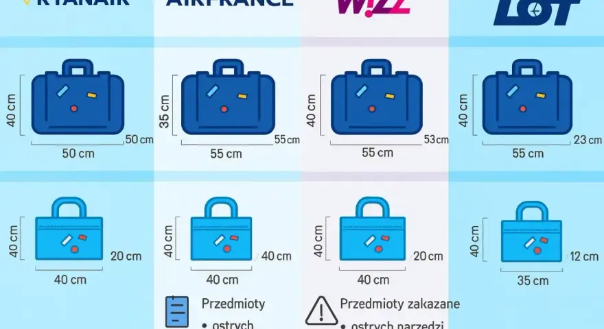 Porównanie wymiarów bagażu podręcznego dla Ryanair, Air France, Wizz Air i LOT. Sprawdź, co możesz zabrać na pokład.