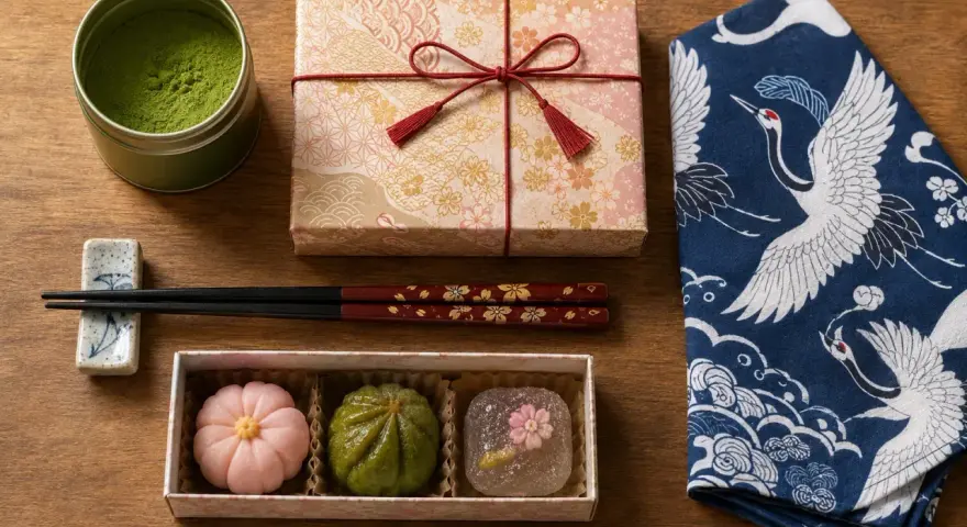 Trzy urocze japońskie słodycze wagashi, puszka matchy i ozdobne pałeczki. Idealne, by pokazać, co przywieźć z Japonii.