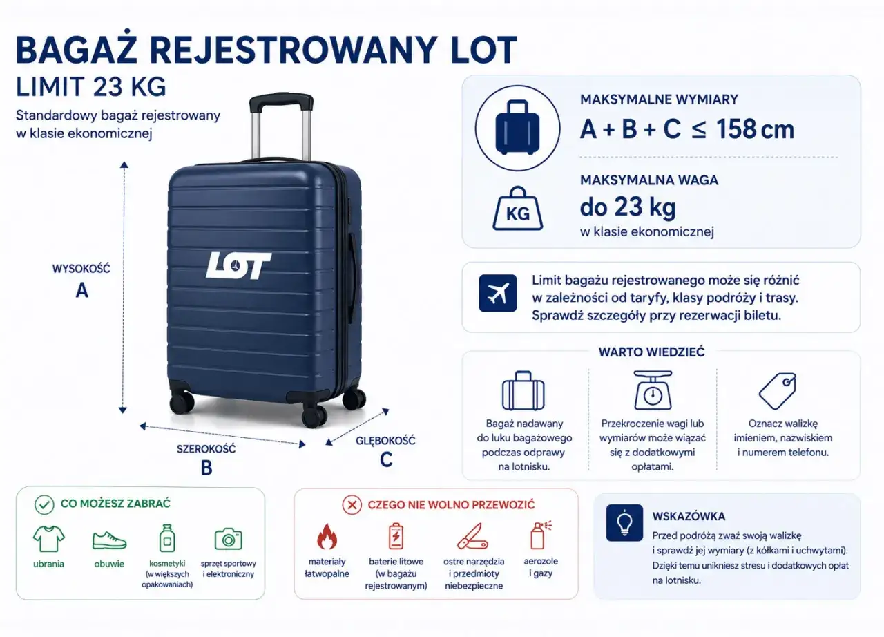 Granatowa walizka LOT z logo, limit 23 kg. Informacje o wymiarach i zawartości bagażu rejestrowanego LOT.